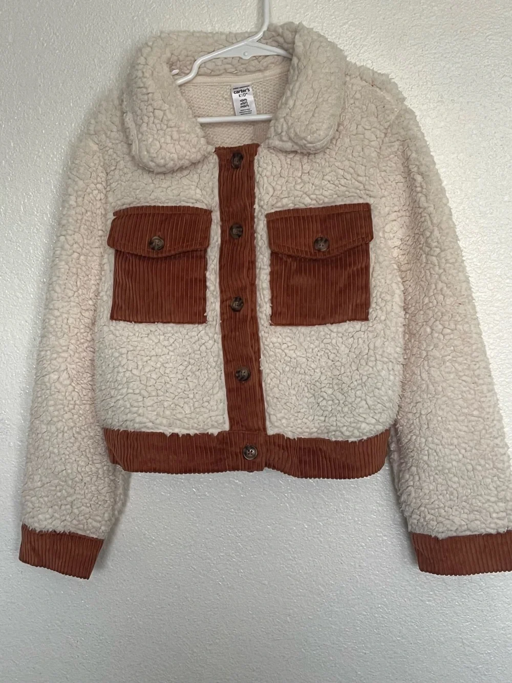 Carter's Cream Sherpa Puffer Jacket with Brown Corduroy Accents Girl’s S 6-7
